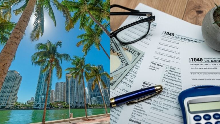 collage of Miami, Florida and a table with tax forms and calculator