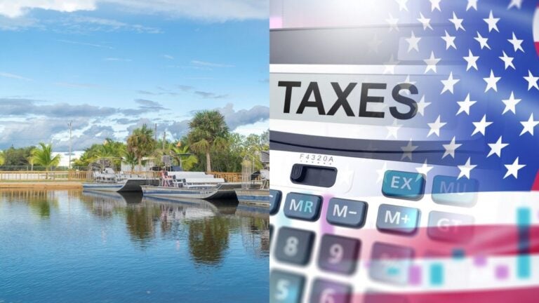 collage of Airboat in Everglades National Park in Florida and image showing calculator and taxes in USA