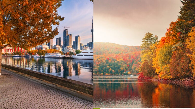 Toronto waterfront and a Canadian lake surrounded by colorful autumn forest
