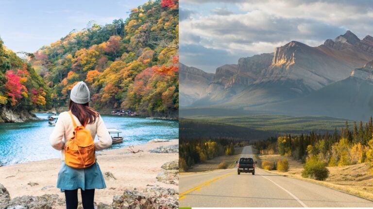 Traveler viewing autumn leaves in Japan beside a scenic road through the Canadian Rockies