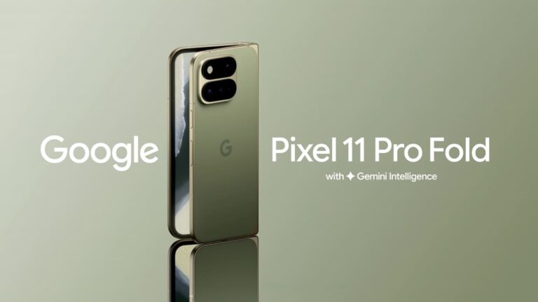 Promotional image of the Google Pixel 11 Pro Fold in an olive green finish, standing upright with its reflection visible below, alongside the "Google Pixel 11 Pro Fold with Gemini Intelligence" logo text.