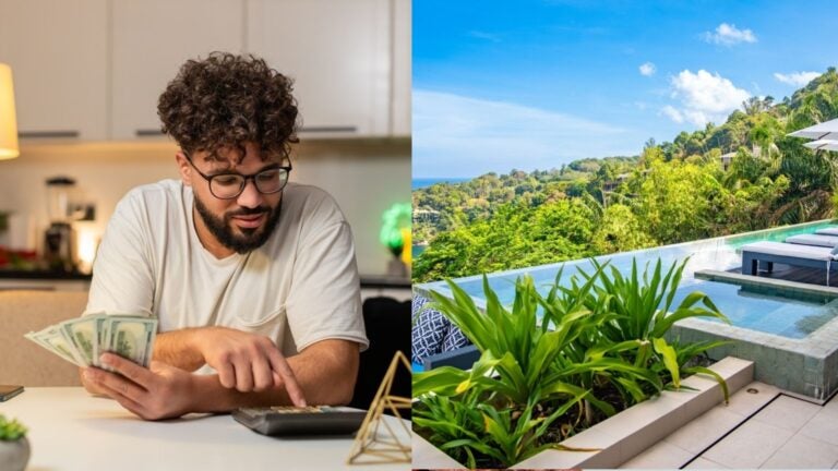 A man counting U.S. dollar bills beside a calculator, paired with a luxurious home and swimming pool overlooking the greenery of Mauritius.