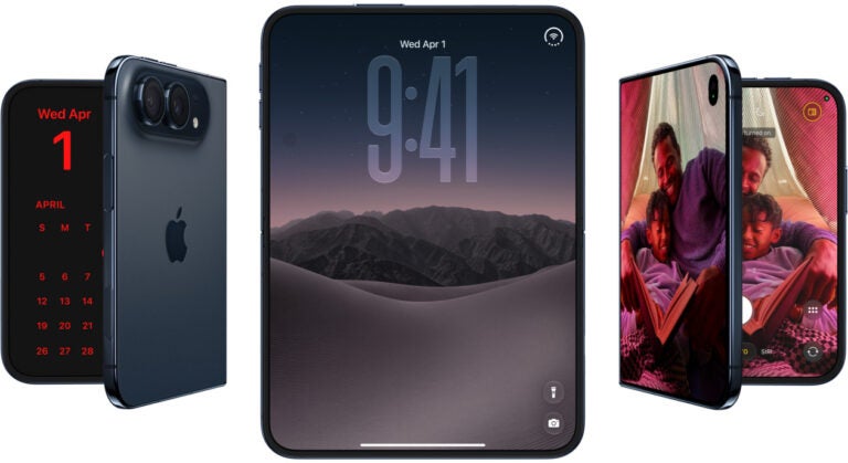 Multiple views of Apple's iPhone Duo foldable smartphone, showing the closed device with dual rear cameras, the unfolded lock screen with a desert landscape wallpaper, and the camera app open on the outer display.