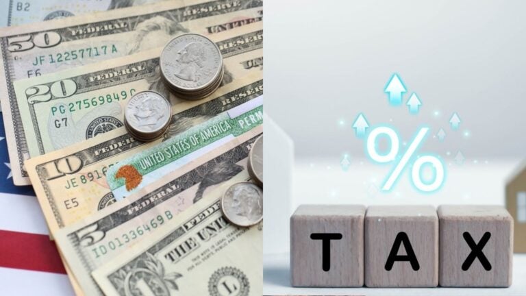 U.S. dollar bills and coins beside tax blocks and upward arrows, illustrating federal taxation of Social Security benefits.