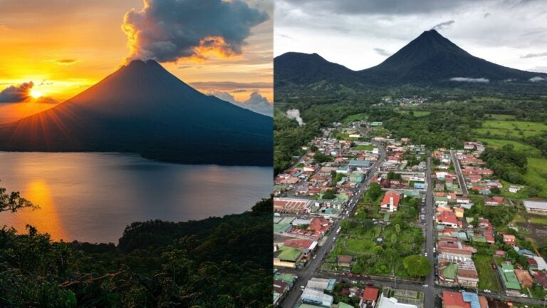 Collage of lake Arenal and its volcano in Costa Rica