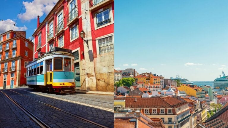 collage of tram in lisbon + panorama of lisbon