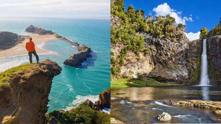 Traveler overlooking a sandy bay from a coastal cliff, beside a waterfall dropping into a rocky pool.