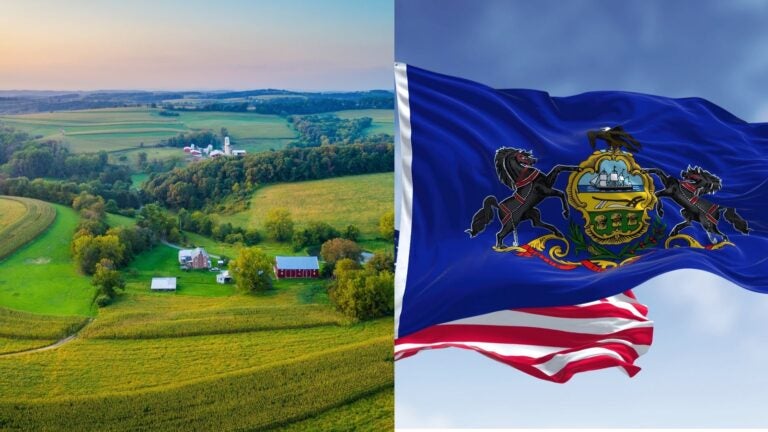 Pennsylvania farmland beside the state and US flags.