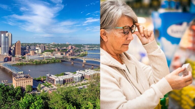 Pittsburgh skyline beside an older woman shopping for groceries.