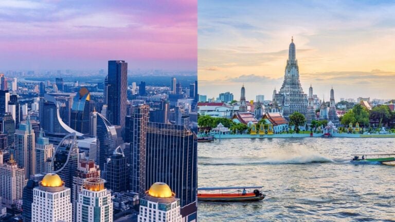 collage of Bangkok with one image of the Wat Arun Ratchawararam and the second of an aerial view of Bangkok, Thailand