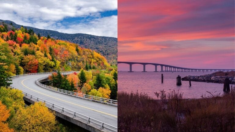 Collage of Cape Hatteras National Seashore north carolina and Autumn foliage along the Blue Ridge Parkway in North Carolina