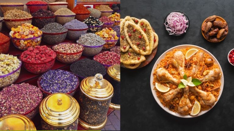 Spices, dried flowers, dates, flatbreads, and a traditional rice and chicken dish in Qatar.