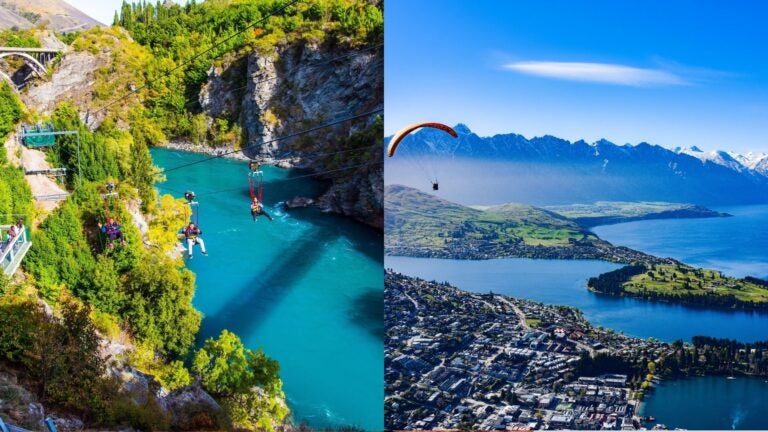 Visitors ziplining above a turquoise river and a paraglider flying over Queenstown and Lake Wakatipu.