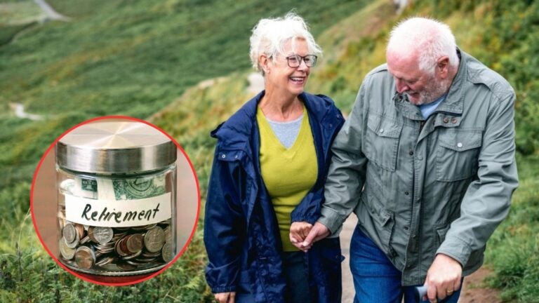 Retired couple walking outdoors with a visual inset of a jar labeled “Retirement” filled with money, illustrating Social Security and retirement income.