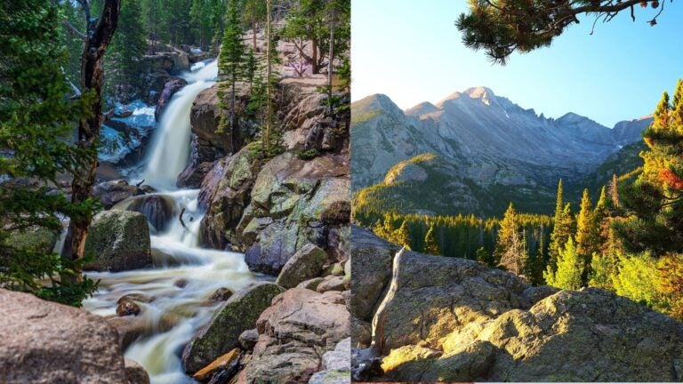 Split image of a forest waterfall and mountain peaks in Rocky Mountain National Park