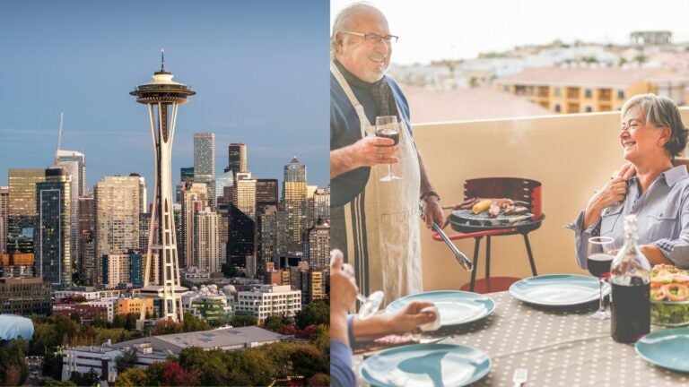Seattle skyline and Space Needle alongside retirees enjoying an outdoor meal.