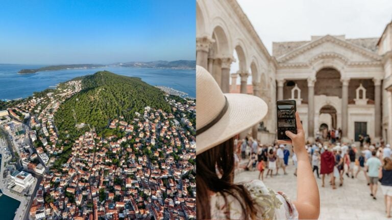 Aerial view of Split and a visitor photographing Diocletian’s Palace