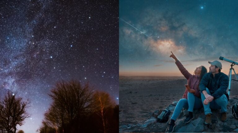 Split image showing a star-filled sky and two people stargazing beside a telescope