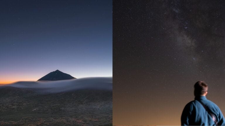 Split image showing Mount Teide above the clouds at dusk and a person looking up at a star-filled sky