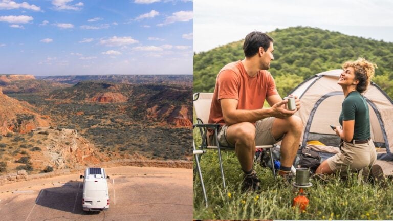 Palo Duro Canyon landscape beside two campers relaxing outside a tent
