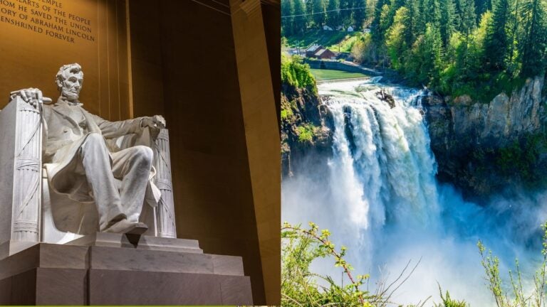 Lincoln Memorial in Washington, DC, alongside Snoqualmie Falls in Washington State.