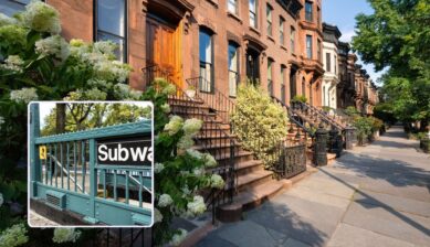 A tree-lined New York brownstone street with an inset photo of a subway station entrance sign.