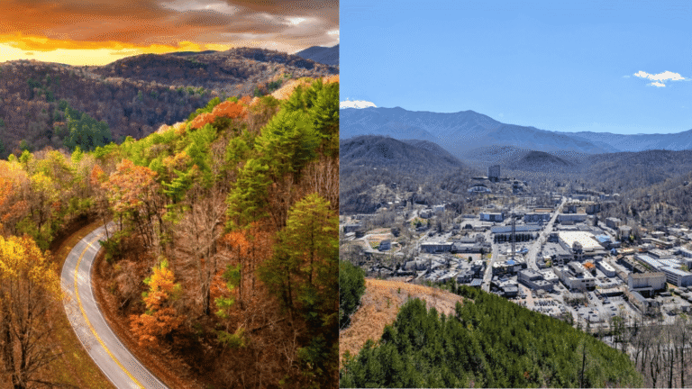 Winding mountain Tennessee road through fall on the left, and a valley town with the Smokies behind it on the right.