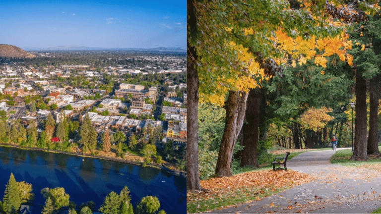 Birdseye view of desert city Bend and walkable Eugene on a Fall day in Oregon