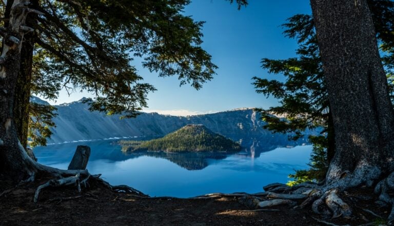 View of Crater Lake and Wizard Island, surrounded by forested cliffs in Crater Lake National Park, Oregon.