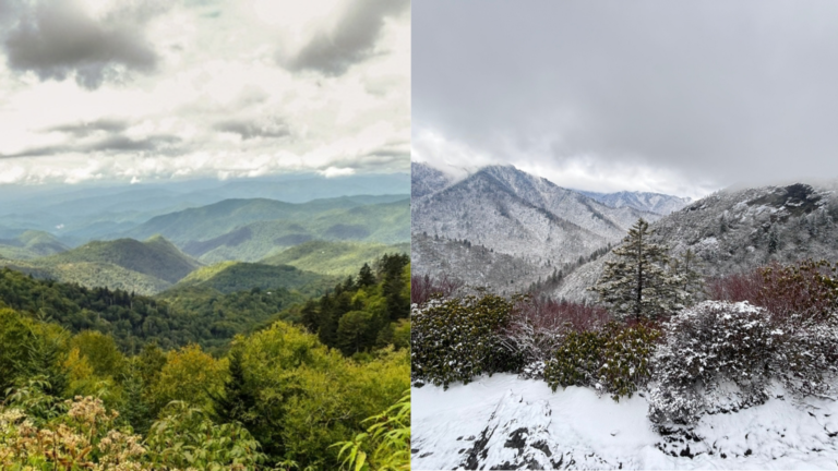 The difference in seasons at Great Smoky Mountains Tennessee with green forested ridges on the left and snow-covered peaks on the right.