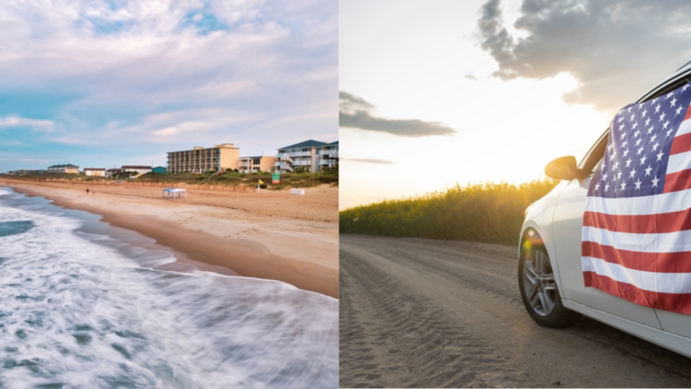 South Carolina beach with waves and beachfront buildings on the left, and a car with an American flag on a sandy road at sunset on the right.