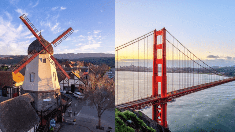 Windmill in Santa Barbara and Golden Gate Bridge in San Francisco