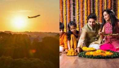 Split view of a plane taking off from Sydney at sunset and an Indian family lighting diyas for Diwali