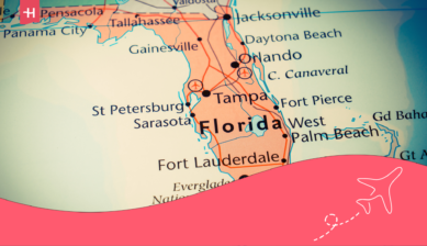 Map of Florida showing cities including Orlando, Tampa and Jacksonville, with a pink airplane graphic.