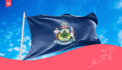 Maine state flag against a blue sky with Holafly branding and an airplane illustration.