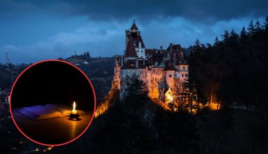 Bran Castle lit up in warm orange light on a forested hilltop in Transylvania under a dark blue evening sky, with a circular inset showing an open old book beside a single burning candle on a dark table