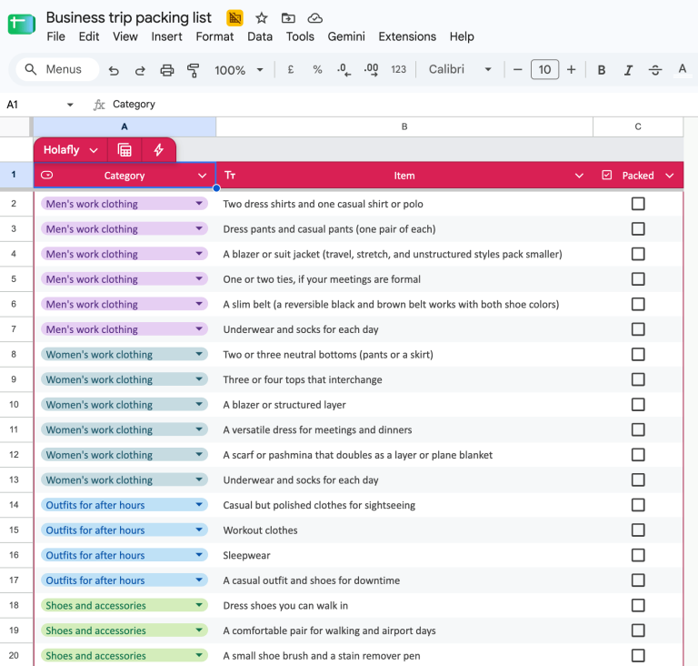 Business trip packing list in Google Sheets