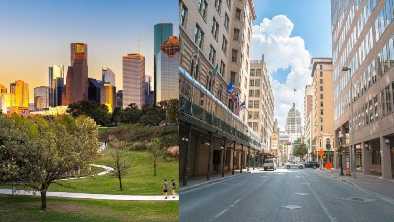 Houston skyline above a green park alongside a downtown San Antonio street lined with historic buildings.