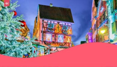 Illuminated half-timbered houses and a Christmas tree in Colmar old town during the Christmas market