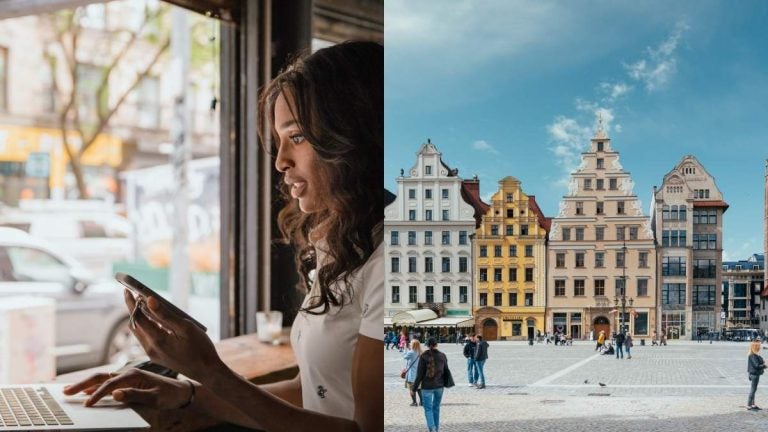A woman working on a laptop in a cafe and a view of the colorful architecture in the market square as a digital nomad in Wroclaw.