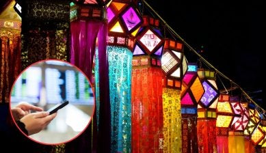 Colourful Diwali lanterns lit up at night with a circle inset of a traveller using a smartphone at an airport