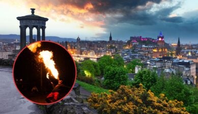 Edinburgh skyline at dusk seen from Calton Hill, with the Dugald Stewart Monument in the foreground and Edinburgh Castle lit in purple, alongside a circular inset of a street performer breathing fire at night