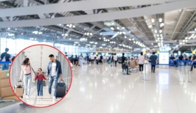 Busy airport terminal with travelers lining up at check-in counters, with a circular inset showing a smiling family holding hands with their young daughter as they walk through the airport pulling two suitcases.