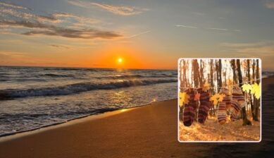 Golden sunset over a sandy beach with gentle waves rolling in, alongside an inset of colorful knitted wool socks and yellow autumn leaves hanging from a clothesline in a sunlit forest.