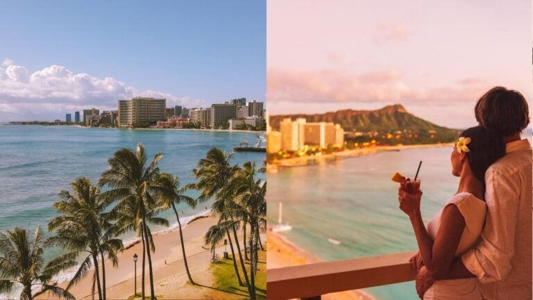 Waikiki beachfront lined with hotels and palms, alongside a couple overlooking Diamond Head at sunset.