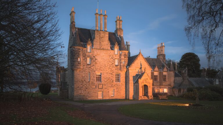 Lauriston Castle lit up on an autumn night in Edinburgh