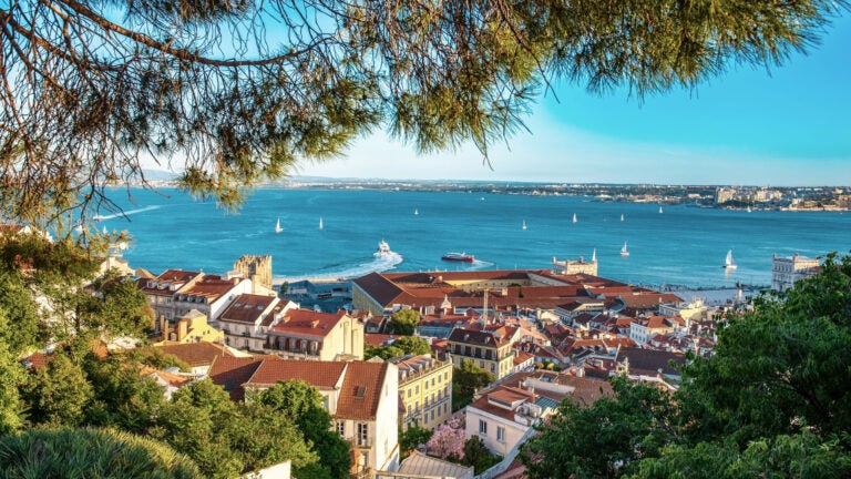 Panoramic view from Miradouro da Senhora do Monte over the terracotta rooftops of Lisbon’s Alfama and Mouraria districts, with the port and the Tagus River in the distance.