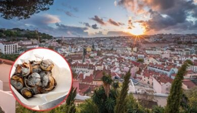 Sunset over Lisbon’s red-tiled rooftops seen from a hilltop viewpoint, with São Jorge Castle on the left and the 25 de Abril Bridge in the distance, alongside a circular inset of roasted chestnuts with charred shells in white paper.