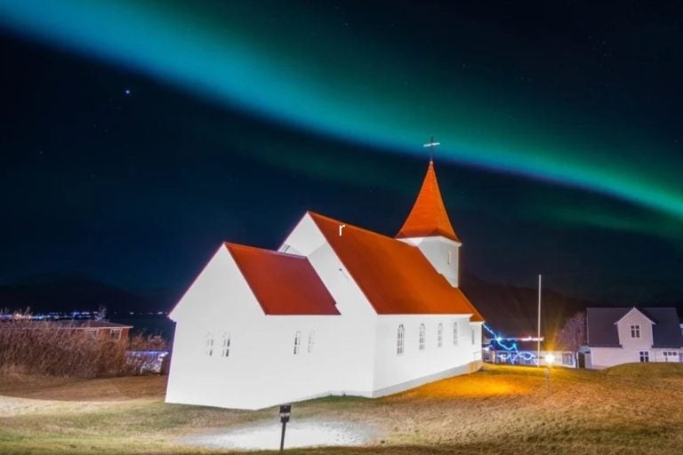 Aurora borealis in village of Hrisey in North Iceland.