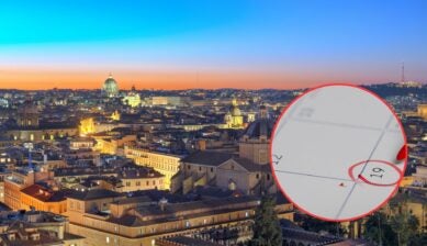 Rome’s city skyline at dusk with the illuminated dome of St. Peter’s Basilica on the horizon, alongside a circular inset of a calendar date circled in red marker.